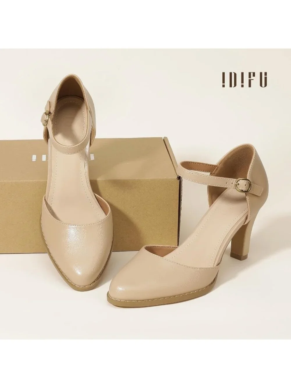 Women's Nude Pu Closed Toe Chunky High Heels Comfortable Party Dress Pumps Shoes